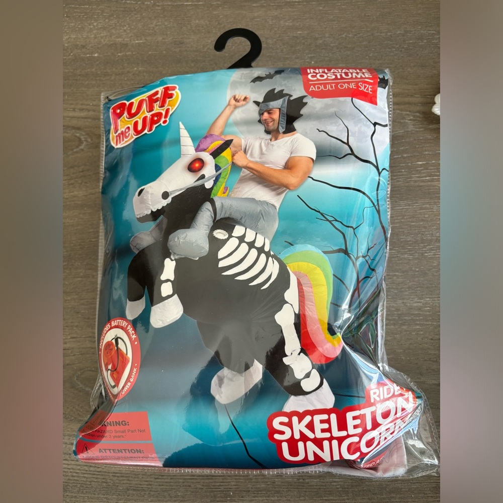 Ride on inflatable male skeleton unicorn Halloween adult costume